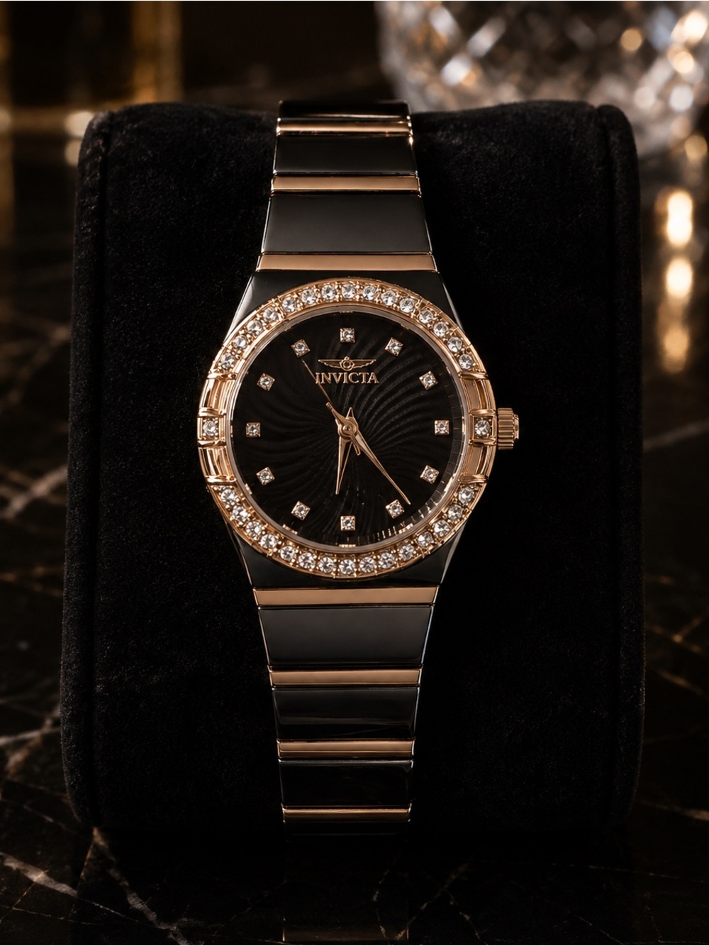 Invicta Black Dial Watch with Rose Gold Crystal Bezel